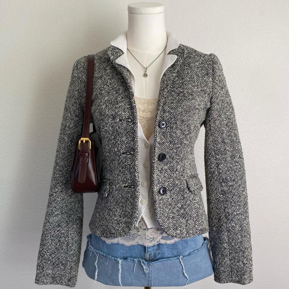 Vintage Y2K 2005 Gray Black Wool Blend Tweed Blazer Notch Lapel Business Preppy